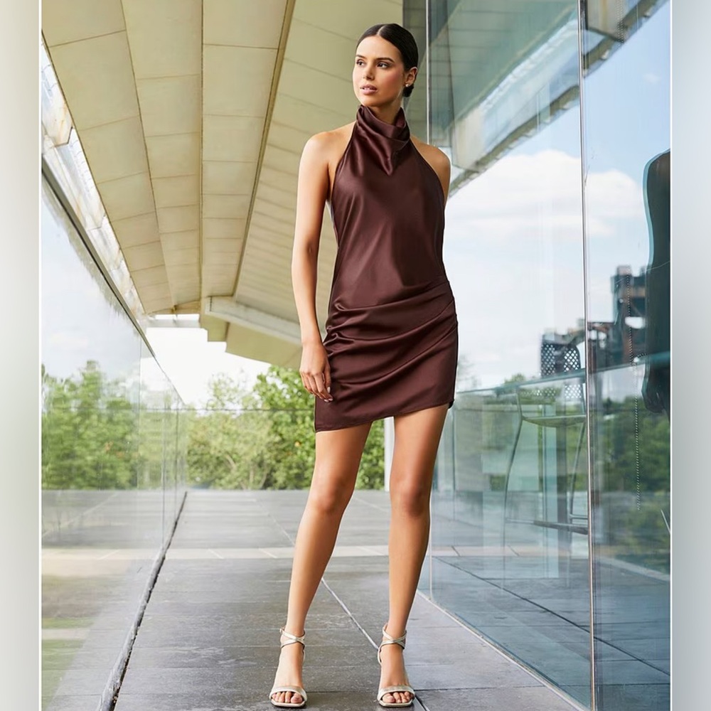 Halter Open Back Detail Asymmetrical Hem Mini Sheath Dress